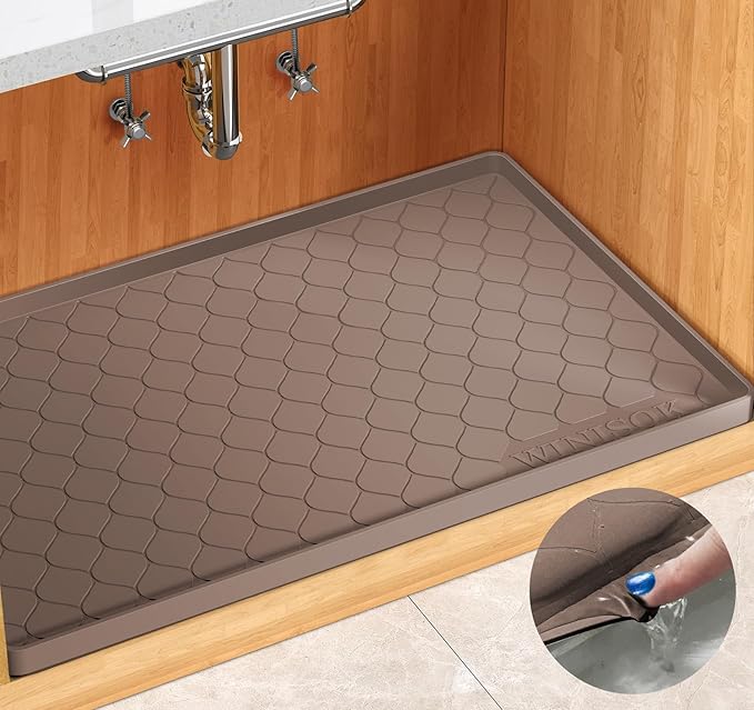 Winisok Waterproof Under Sink Mat 34" x 19", Silicone Mat, Brown | Raised Edge Traps Spills & Leaks, Shelf Liner, Cabinet Protector, for Kitchen, Bathroom, Boots, Pets, Home Essentials