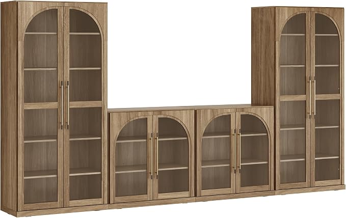 BELLEZE 4-Piece Modular TV Stand Set - 2 Arched Glass Door Sideboard Buffet and 2 Tall Storage Cabinets, Classic Modern Modular Entertainment Center with Adjustable Shelves for Living Room(Camel)