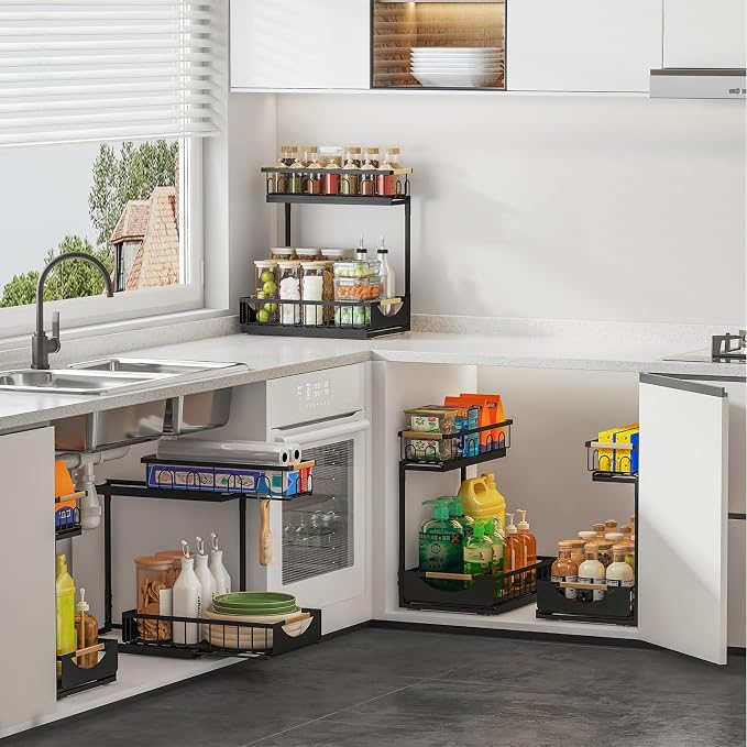 Under Sink Organizer and Storage 2 Tier Cabinet Pull Out Shelf Organizers | 2 Pack 2 Tier under sink storage for Bathroom and Kitchen Slide Out Drawer Organization for Home Cabinets Shelves and Drawers