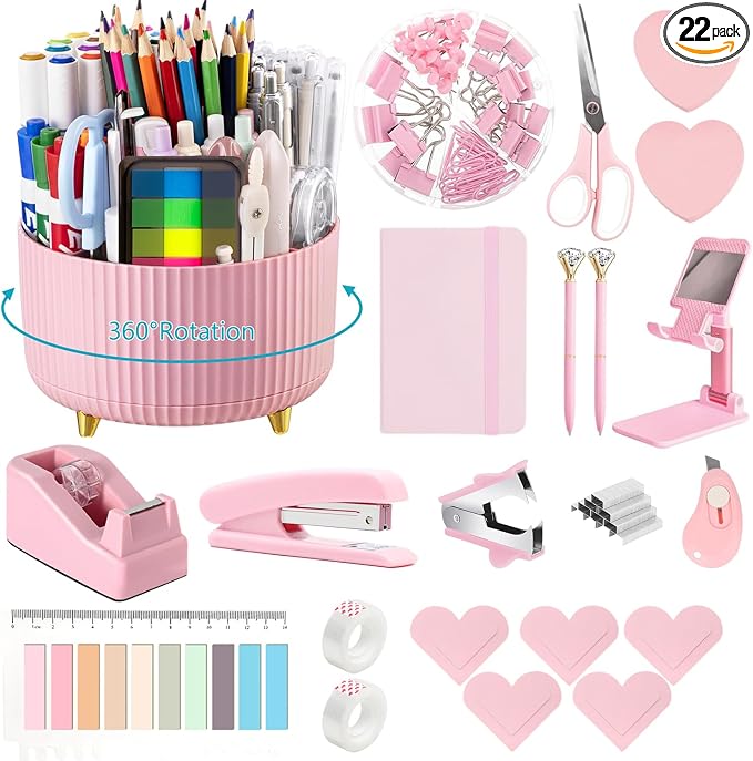 Office Supplies,Pink Desk Accessories,Desk Organizer,Stapler,Tape Dispenser,Folding Phone Stand,Scissors,Notebook,Staple Remover,Staples,Clear Tape,Sticky Notes,Clips,Cool Pen,Bookmark,Ect.22pcs