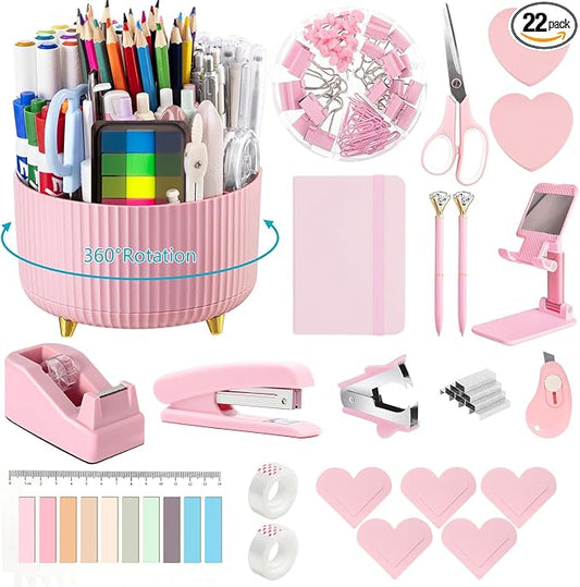 Office Supplies,Pink Desk Accessories,Desk Organizer,Stapler,Tape Dispenser,Folding Phone Stand,Scissors,Notebook,Staple Remover,Staples,Clear Tape,Sticky Notes,Clips,Cool Pen,Bookmark,Ect.22pcs