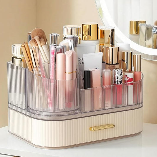 Delamu Rotating Makeup Organizer countertop, Brush Holder for Vanity, White | Stackable Drawer Makeup Storage for Skincare, Lipstick, Brushes & Perfume, Fits Dresser & Bathroom Countertop, Gift for Women