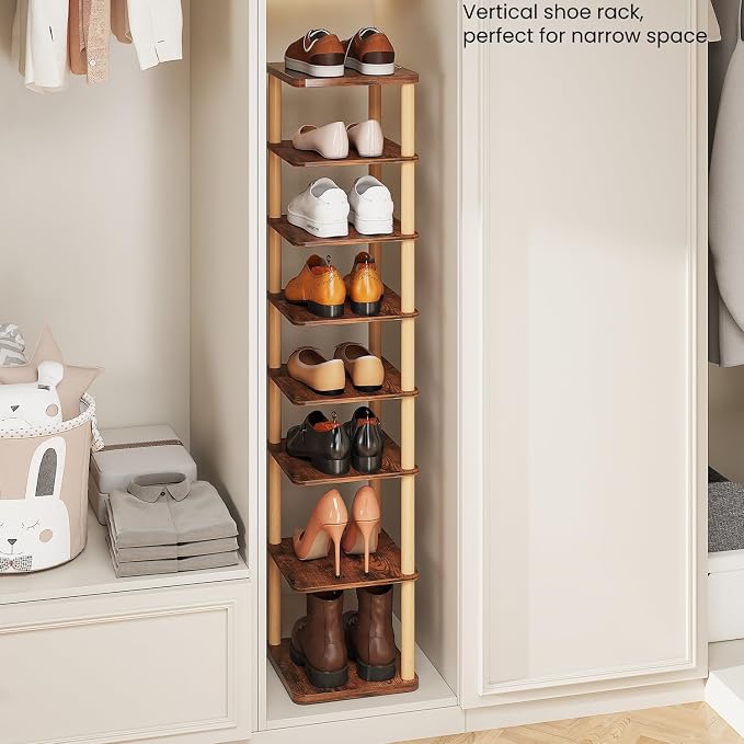 8 Tiers Vertical Shoe Rack, Tall Narrow Shoe Tower, Corner Shoe Rack, Brown | Small Shoe Organizer for Entryway, Closet, Dorm & Small Spaces, Freestanding Wooden Shoe Shelf for Boots, Sneakers, Heels.