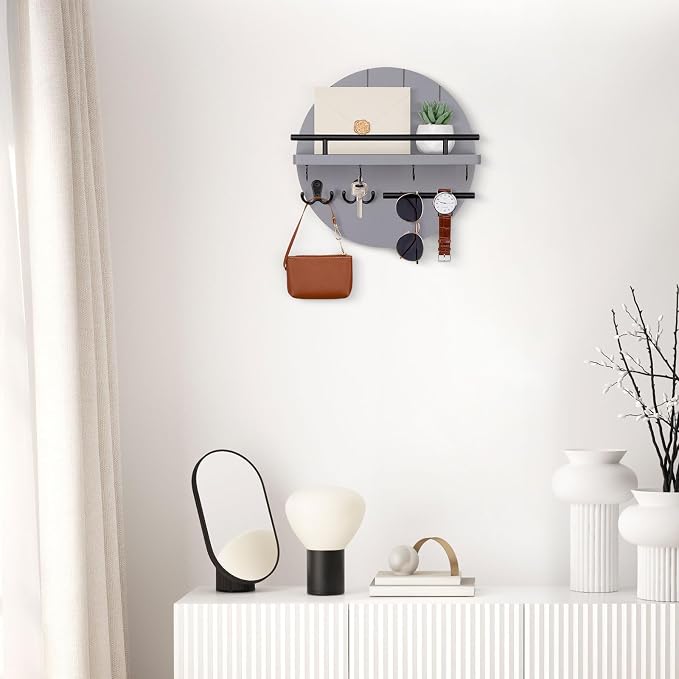 Nekon Key Holder Wall Mount, 11.8 Inch Key Rack with Shelf and 6 Key Hooks, Rustic Key and Mail Organizer, Circular Wooden Key Hanger for Entryway Hallway Kitchen (Gray)