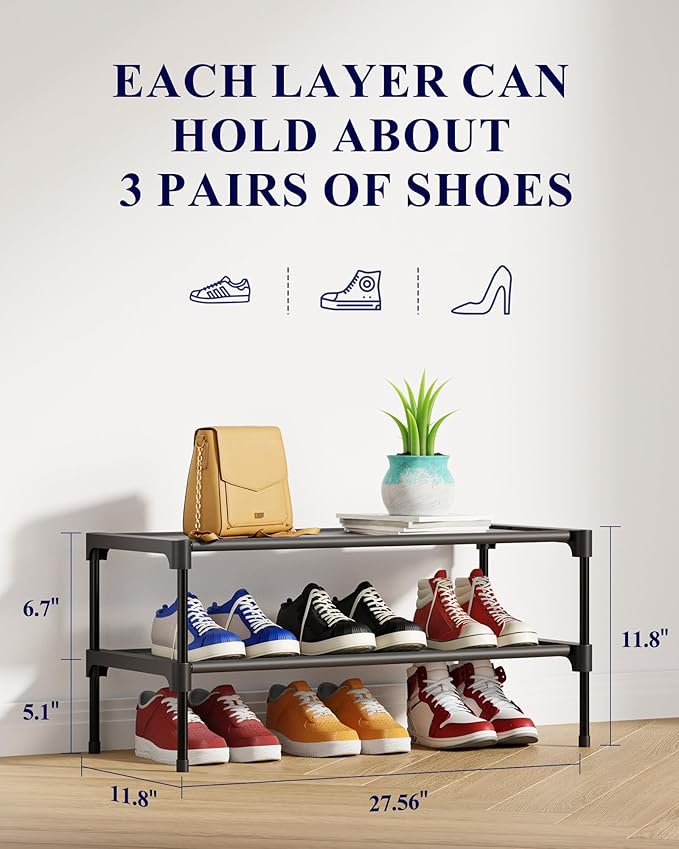 Kitsure Shoe Rack - Non-Woven Shoe Rack Shelf, Shoe Organizer for Closet, Entryway, Garage & Corridor, Stackable Shoe Shelves, 27.5" Wide - 2 Tier, Black | Shoe Organizer for Closet, Entryway, Garage, Stackable Shoe Shelves, college dorm&apartment esse...