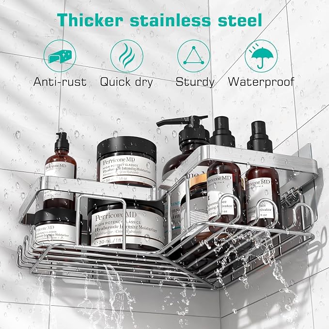 YASONIC Corner Adhesive Shower Caddy, with Soap Holder and 12 Hooks, Rustproof Stainless Steel Bathroom Organizer, No Drilling Wall Mounted Rack, Brushed Silver, 3-Pack