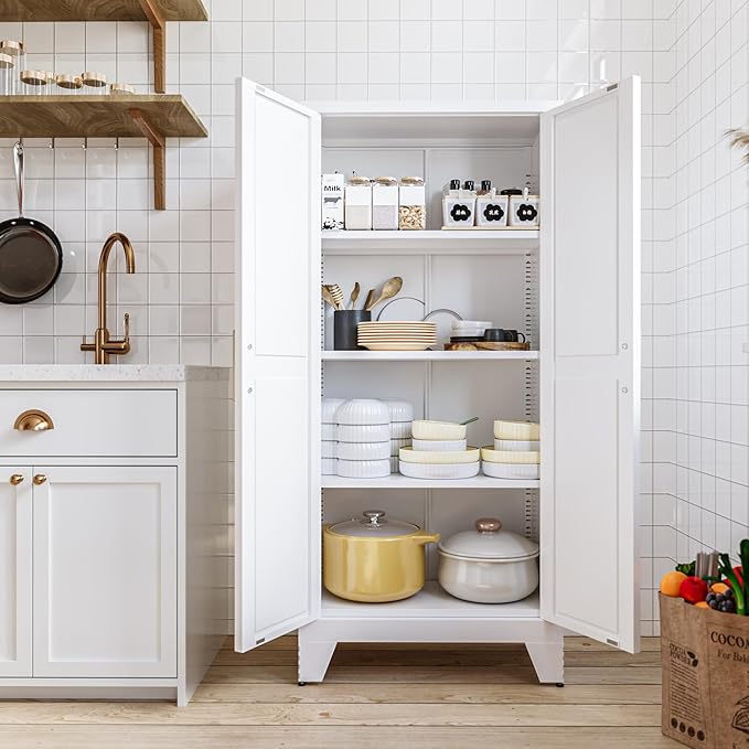 COFaR White Farmhouse Storage Kitchen Pantry Cabinet with 2 Barn Door, 3 Adjustable Shelves and Legs, for Cupboard/Dining Room/Bathroom/Living Room/Office/Laundry Room (White, 61" Farmhouse)