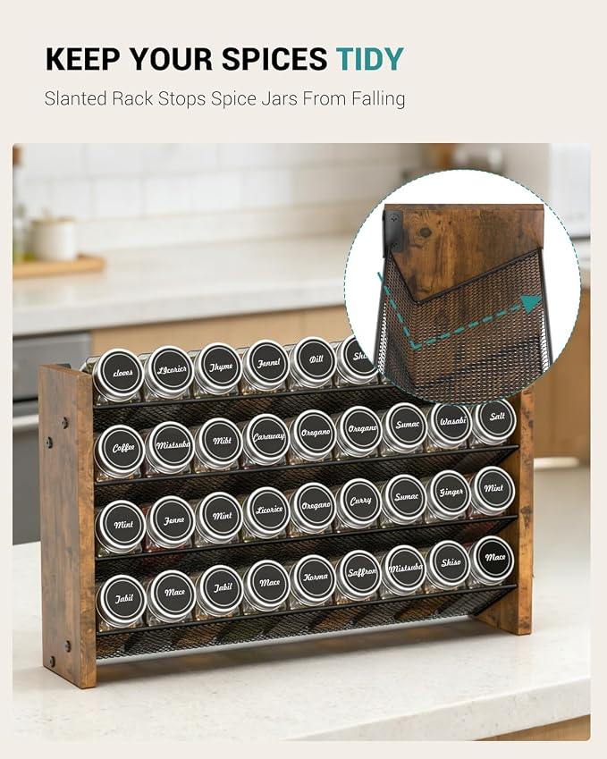 NESAPTO Spice Rack Organizer with 36 Glass Spice Jars, Wood 4-Tier Seasoning Organizer with Labels for Cabinet, Pantry, Countertop or Wall Mount, Chalk Marker and Funnel Set, 17.2" W × 9.4" H