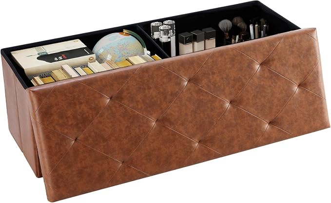 Sweetcrispy 43 Inch Storage Ottoman Bench, Folding Ottoman with Storage | Foot Rest Stool with Padded Seat, End of Bed Storage Bench for Living Room, Bedroom, Loads 660 LBS, Synthetic Leather, Brown