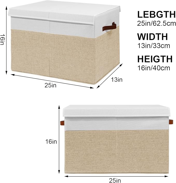 Large Toy Storage Box with Lid, Toy Chest Bin Boxes Basket with Dividers | Sturdy Toy Organizer Bin for Kids, Boys, Girls, Nursery, Living Room, Bedroom, Playroom 25"x13" x16" (Beige and White)