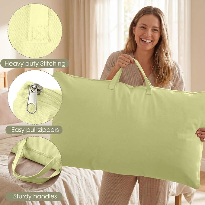 2 Pack Travel Pillow and Blanket Bags, 100% Cotton Canvas Pillow Storage Bag with Handles, Heavy Duty Breathable Organizer for Bedding Linens, Pillow Bag for Traveling(2,Olive Green,20"x26")