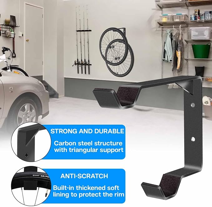2 Pack Bike Wheel Rack Garage Wall Mount Carbon Steel Storage Hooks Heavy | Spare bike wheel hangers garage wall mount, indoor vertical holder, double wheel tire rack, carbon steel easy to install