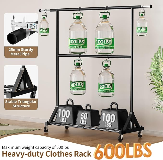 Luxspire Heavy Duty Clothes Rack with Lockable Wheels Load 600 LBS, Black | Double hanging rods, heavy-duty iron mesh frame, adjustable extendable rods, ideal for laundry room & bedroom garment storage