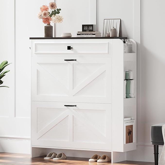 IRONCK Shoe Storage Cabinet with 2 Flip Drawers & Barn Door, White/Black | Freestanding Shoe Cabinet Organizer with Drawer and Shelves for Entryway, Farmhouse Shoe Rack Cabinet