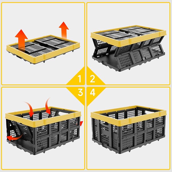 TOLRET 49L Collapsible Crate, Milk Crate for Storage, Foldable Storage Crate, Stackable Crate for Organizing for Home, Shopping, Camping, School, Office, Warehouse, Yellow