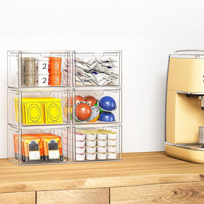 caktraie 6-Pack Stackable Acrylic Storage Drawers, Small | Smooth-glide drawers, stackable, clear body, dustproof, wipe clean, 6 small, for art tools, makeup, under sink, pantry
