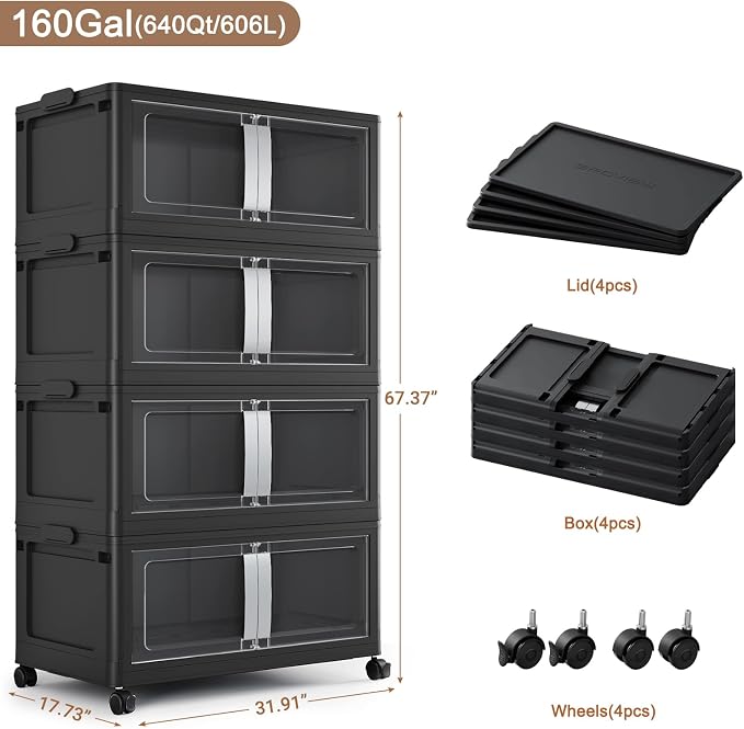 BROVIEW 640Qt Extra Large Stackable Storage Bins with Lids, 160Gal Collapsible Storage Bin with Wheels Clear Door, Folding Plastic Closet Organizers and Storage Drawers for Home Kitchen, 4 Pack Black