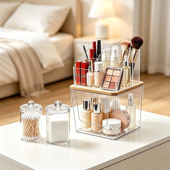 2 Tier Disposable Facial Towel Holder with 2 Q-tip Holders & Clip | 2-in-1 Facial Towels Storage and Cosmetic Organizer with Banboo Lid,Skincare Organizer for Vanity, Bathroom Countertop,Dorm