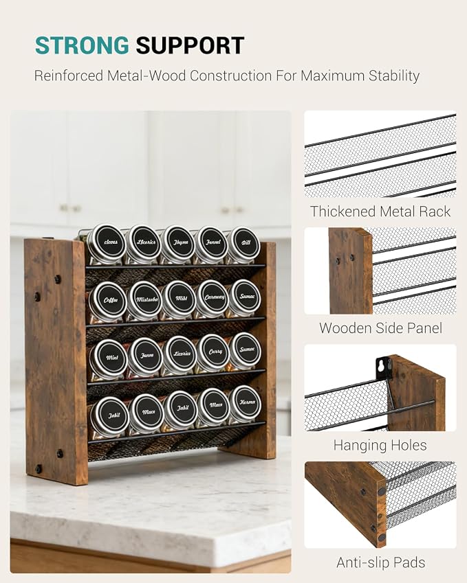 NESAPTO Spice Rack Organizer with 20 Glass Spice Jars, Wood 4-Tier Seasoning Organizer with Labels for Cabinet, Pantry, Countertop or Wall Mount, Chalk Marker and Funnel Set, 10.3" W × 9.4" H