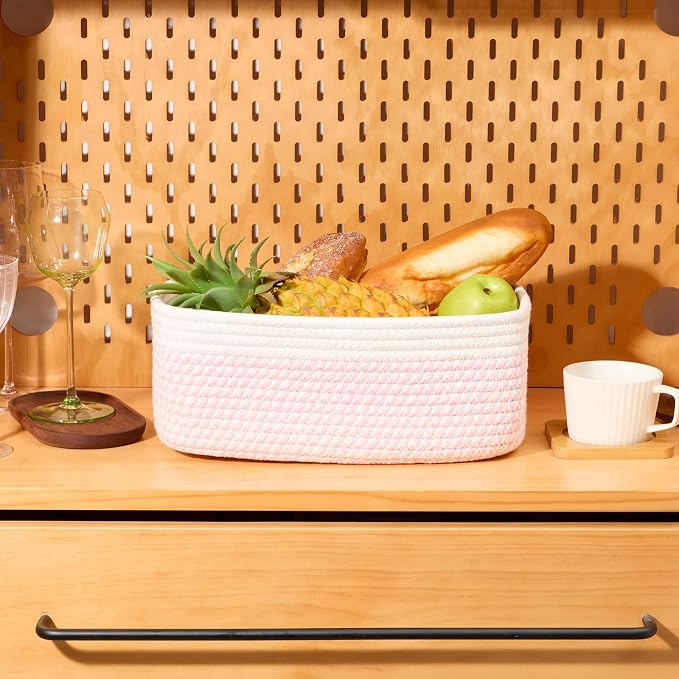 MiniArk Small Storage Baskets for Organizing | Closet Organizer Bins | Shelf Toy Basket | Woven Rope Baskets | Cube Decorative Box | Shallow Basket | 13x8.5x5.1” | 4 Packs White Pink