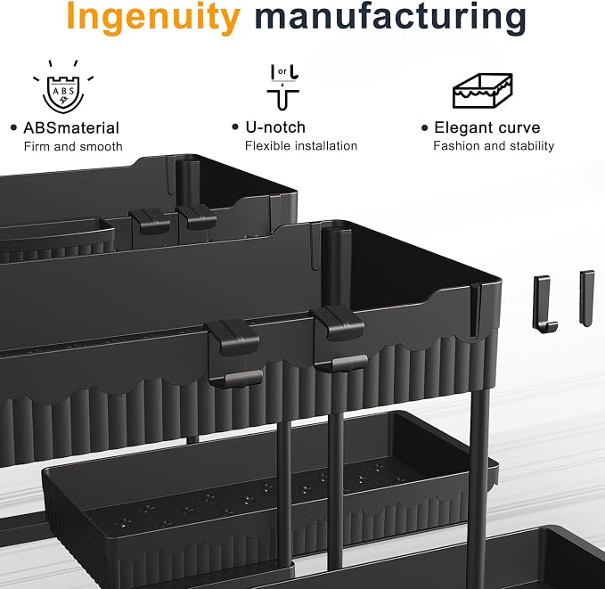 Sevenblue 2-Pack 2-Tier Under Sink Organizers with Sliding Drawers | Multi-use kitchen & bathroom storage, 12.85 inch black cabinet organizer, space-saving sliding drawer design.