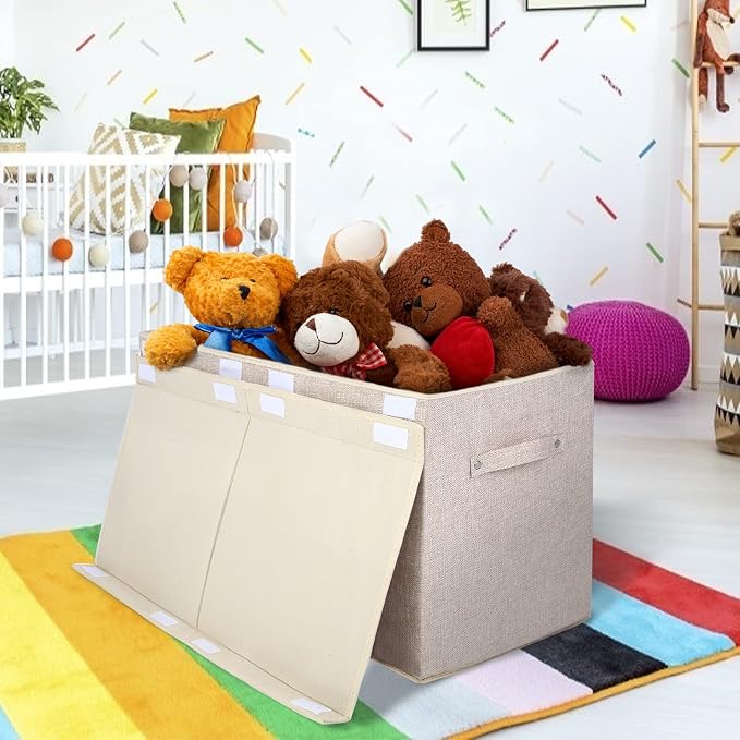 Large Toy Box Chest Storage with Flip-Top Lid, Kids Toy Storage Bin Boxes | Toy Chest with Rivets Handles for Kids, Boys, Girls, Nursery, Playroom, Living Room, Bedroom, 25"x 13" x 16" (Linen Beige)