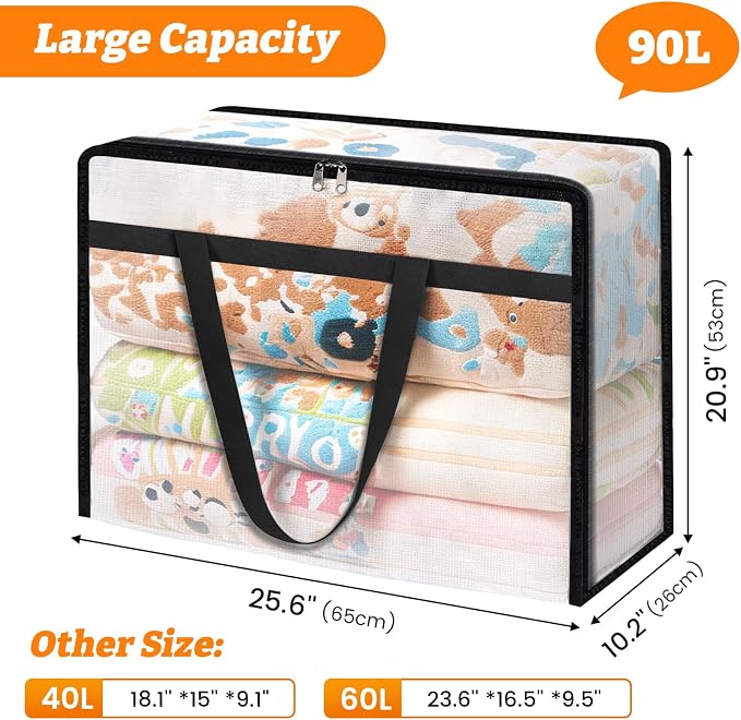 BlissTotes 8 Pack Clear Clothes Storage Bags, Moving Bags, Foldable Blanket Storage Under Bed Storage Containers with Sturdy Zipper and Handle for Clothing, Comforter, Bedding, Sheet (90L)