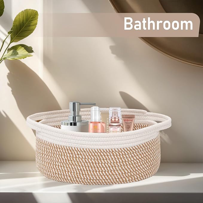 JMvicyroam Small Woven Basket, Empty Gift Basket, White&Brown Block/2 Pack | Small Gift Basket, Cotton Rope, 12 x 8 x 85 in, Handles, Includes Ribbon and Bag, Birthday Gift Basket