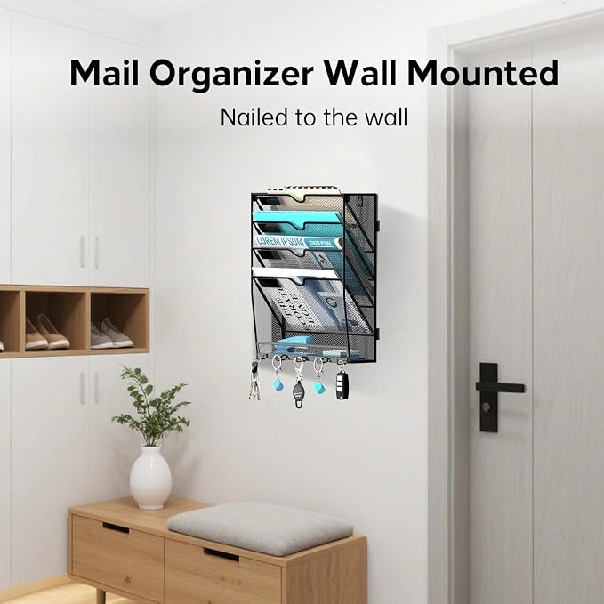2 Pack 5 Tier Wall File Organizer - Hanging File Organizer with 5 Hooks, Mail Holder Wall Mounted for Papers, Folders, Magazines, Bills, Office&School Organization, Black