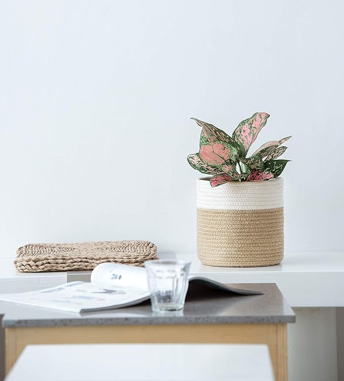 Dahey Plant Basket Indoor for 7 inch Pot Woven Jute Planter, White & Beige | Fits 6"-7" Planters, Reinforced Structure, Foldable Laundry Bin with Handles, Jute Cotton Rope, Decorative Flower Pot Cover