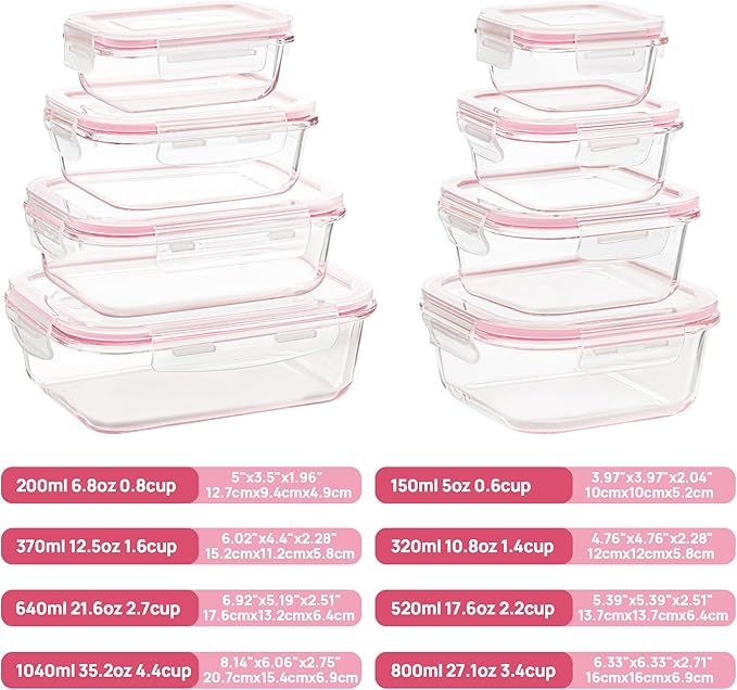 Vtopmart 8 Pack Glass Food Storage Containers with Airtight Lids | Meal Prep Lunch Containers, Leakproof, Leftover Storage, Take-out, Microwave, Oven, Freezer and Dishwasher Safe, BPA Free