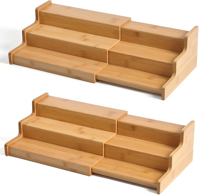 JinDoWin Spice Rack Organizer for Cabinets,Countertop & Pantries,2 Pack | Expandable design, 3-Tier stepped bamboo spice shelf, seasoning organizer, pantry organizers and storage