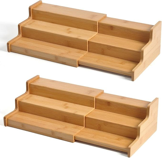 JinDoWin Spice Rack Organizer for Cabinets,Countertop & Pantries,2 Pack | Expandable design, 3-Tier stepped bamboo spice shelf, seasoning organizer, pantry organizers and storage