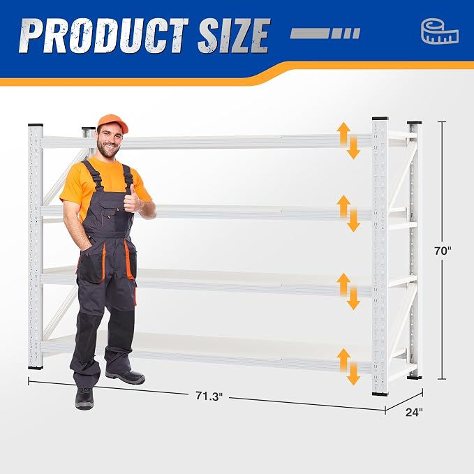 BYNSOE 71" W Storage Shelves 5000lbs Garage Metal Shelving Heavy Duty Garage Shelves Adjustable Storage Shelves for Industrial, Factory (White, 71" W x 24" D x 69" H)