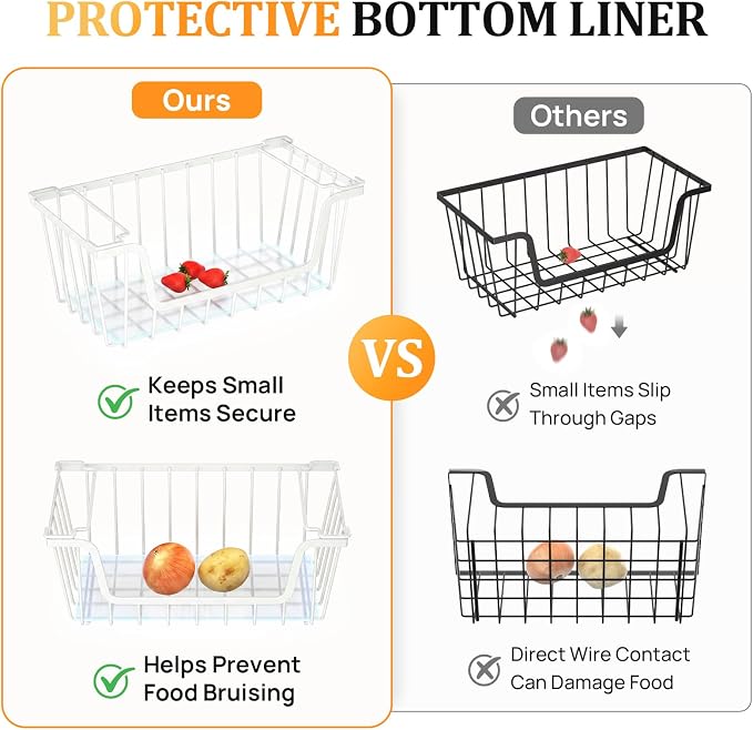 SUNALLY Stackable Storage Bins 6 Pcs Wire Baskets Freezer Organizer, White | Pantry Organizers Storage, Vegetable Fruit Storage Basket for Countertop, Kitchen Baskets for Onion Potato Snack Cans Storage