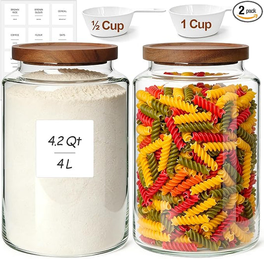 ComSaf Flour Storage Containers with Acacia Wood Lids 1Gallon 2Pack | 4.2Qt Large Glass Jar, for Cooks, Flour Cereal Rice Oats, Kitchen Pantry, 4.4in Wide Mouth, Canister with Scoops & Labels