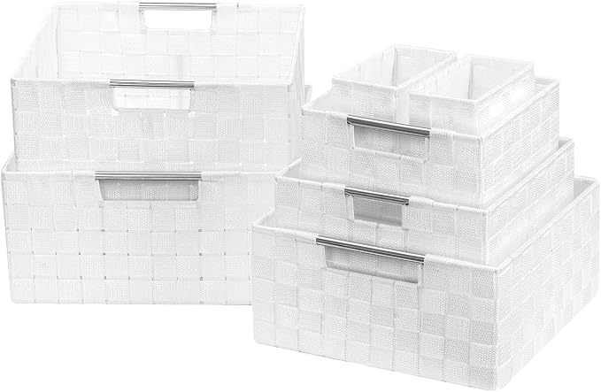 Sorbus Storage Baskets for Organizing (Set of 7), Mesh Hand-Woven Design, Linen Closet Organizers and Storage, Organizer Storage Baskets for Shelves, Variety Pack Organizers and Storage (White)