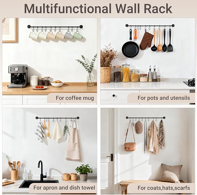 Mkono Wall Mounted Mug Holder, Coffee Cup Hanger Rack with 10 Hooks, 1 Pack | Kitchen Rod, Space Saving, Easy Assembly, Wall & Under Cabinet, Durable Metal, Kitchen Dining Bar Organizer, Multi-Function