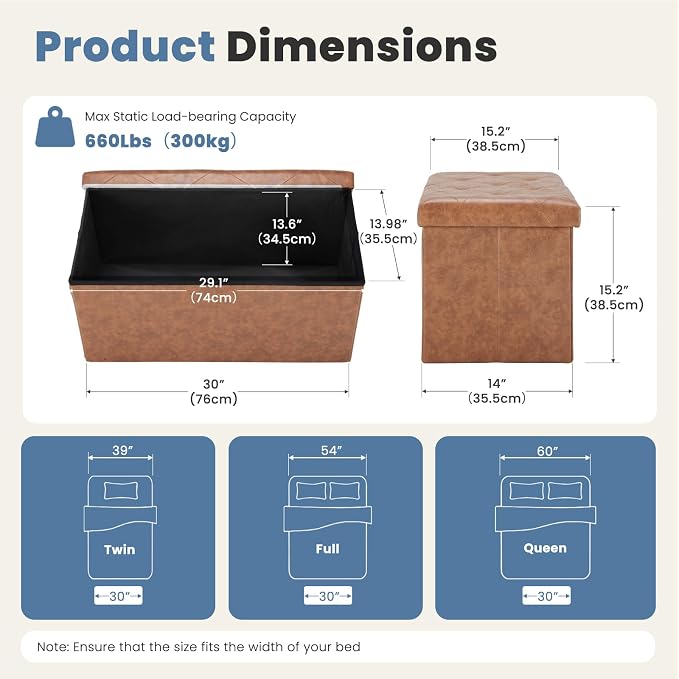DUMOS 30 Inch Folding Ottoman with Storage Bench, Foot Rest Stool Ottoman | Upholstered End of Bed Storage Bench, Storage Ottoman Loads 660 Lbs for Bedroom, Living Room, Synthetic Leather, Brown
