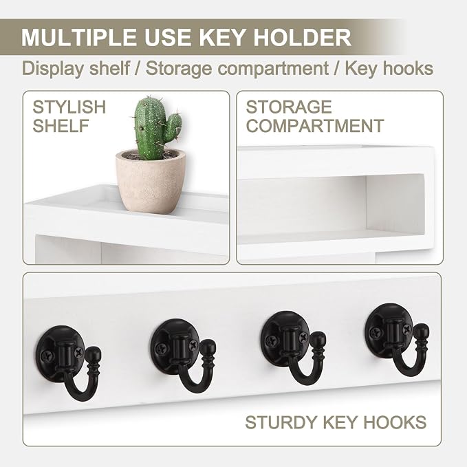 Key and Mail Holder Wall Mount, Key Hanger with Long Storage Box and 6 Hooks for Coat, Dog Leash, Home Decor Rack, House Accessories, Entry Way Organizer (White)