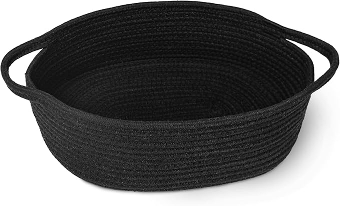 MEGASKET Black Woven Basket, 13” x 9” x 5” Cute Dog Toy Basket, Soft Cotton Rope Storage Box, Cat Toy Bin, Baskets for Gifts Empty, Small Baskets for Organizing, Decorative Basket