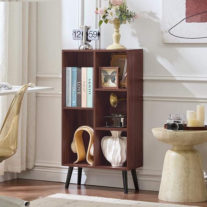 LEYAOYAO 5 Cube Bookshelf, Mid-Century Modern Book Shelf with Legs, Walnut | 3 Tier Bookcase, Rustic Wood Bookshelves Freestanding Small Storage Organizer, Open Shelves for Bedroom, Living Room, Office