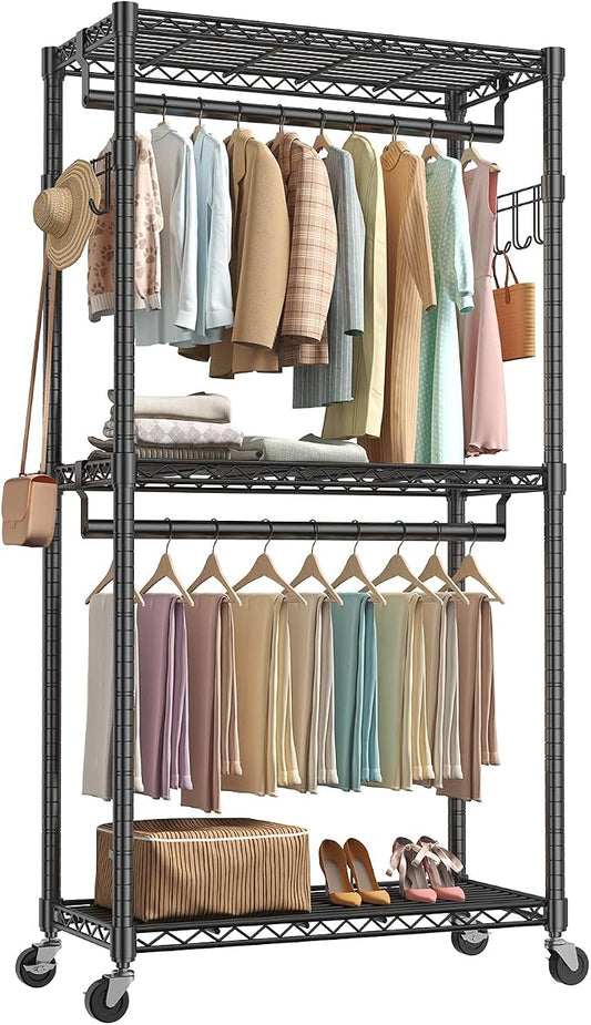 OLIXIS Rolling Clothes Rack, Heavy Duty Garment Rack, 35 IN, Metal Black | Adjustable Closet Organizer for Hanging Clothes, Portable Closet with 2 Side Hooks