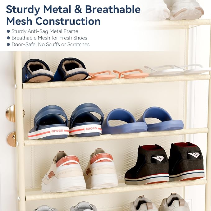 Whitmor 36 Pair Over The Door Shoe Organizer, 12 Tier Hanging Shoe Organizer, Heavy Duty Metal & Mesh Shoe Holder, Hanging Shoe Rack for Closet Organizer & Storage, 74"H x 21.7"W x 7.5"D, Beige