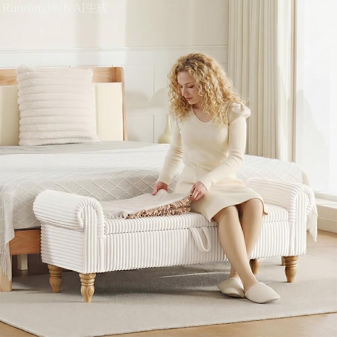 55" Bench for End of Bed Storage Benches, Queen End of Bed Bench Corduroy Upholstered Storage Ottoman Window Bench with Storage, for Bedroom, Entryway, Closet, White