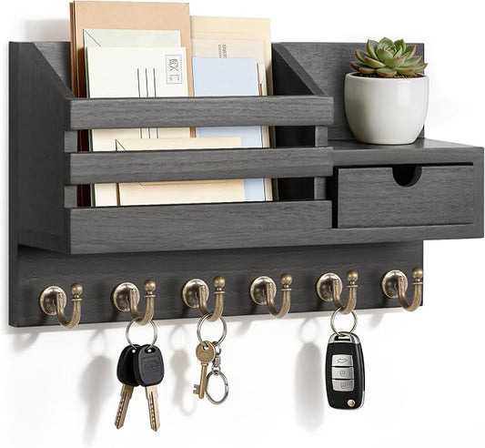FifthQuarter Key and Mail Holder Wall Mount with Drawer and 6 Sturdy Hooks | Wooden Entryway Organizer and Decorative, Easy Installation