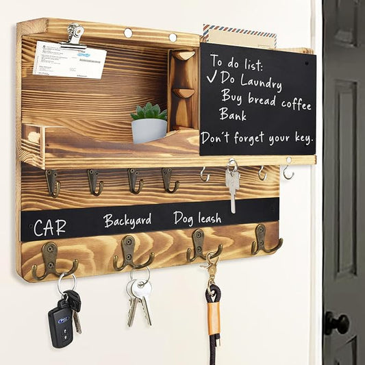 Key Holder for Wall Mount with Shelf and Mail Organizer, Key and Mail Holder with 16 Hooks, Farmhouse Entryway Organizer, Home Decor Rack(Pine Wood, Wood Color)