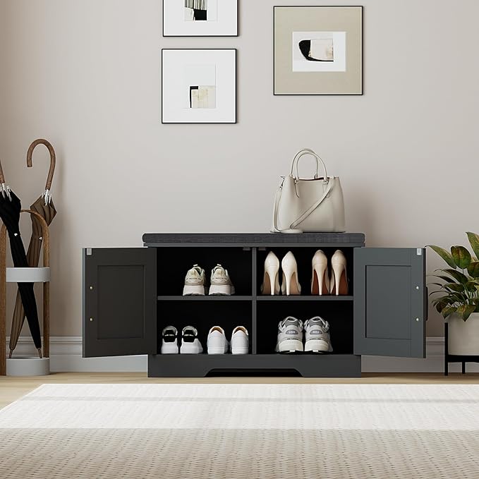 HOMSHO Farmhouse Shoe Storage Bench with 2 Barn Doors & Padded Seat Cushion | 27.6" Wide Entryway Bench with Adjustable Shelves & Hidden Storage, Black