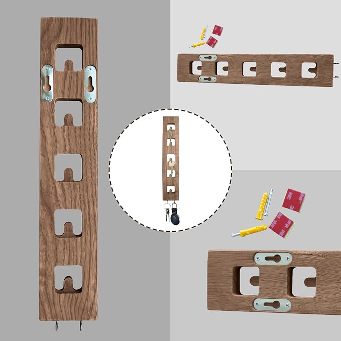 Vertical Wall Mounted Key Holder for Entryway – Narrow Wooden Key Rack with Hooks, Space Saving Organizer for Small Spaces, Solid Wood Rustic Design