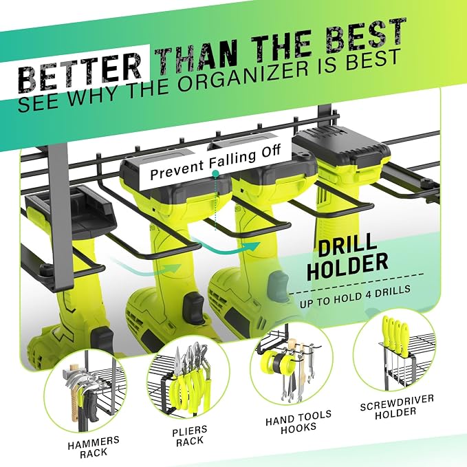 SUNALLY Power Tool Organizer, 4 Drill Holder Wall Mount Tool Storage Rack | Metal Tool Storage Rack with 4 Drill Holders, Heavy Duty Power Tool Shelf for Garage,Warehouse,Workshop, Gift for Men,Husband